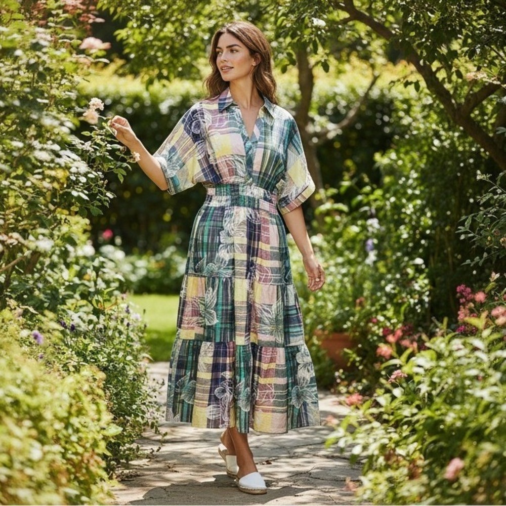 Anthropologie Plaid Floral Maxi Dress in Green, Pink, Yellow